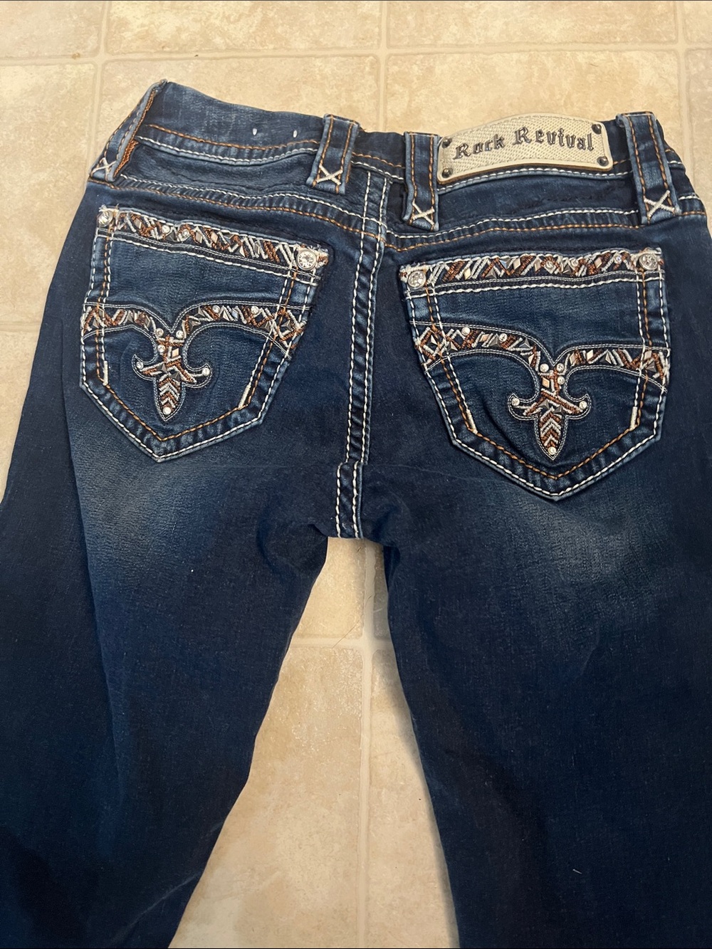 Rock Revival Dark Indigo Embroidered Bootcut Jeans, worn once.